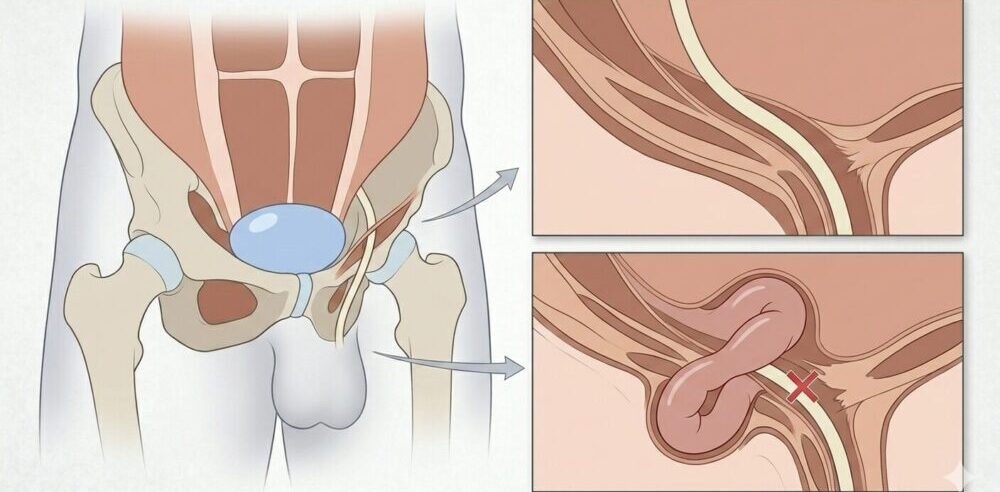 鼠径ヘルニアのメカニズムを示す解剖図。正常な状態と腸が突出した状態の比較。