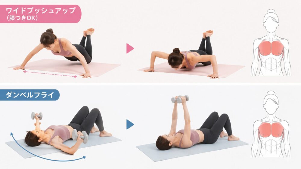 女性がワイドプッシュアップとダンベルフライのトレーニングをやっている