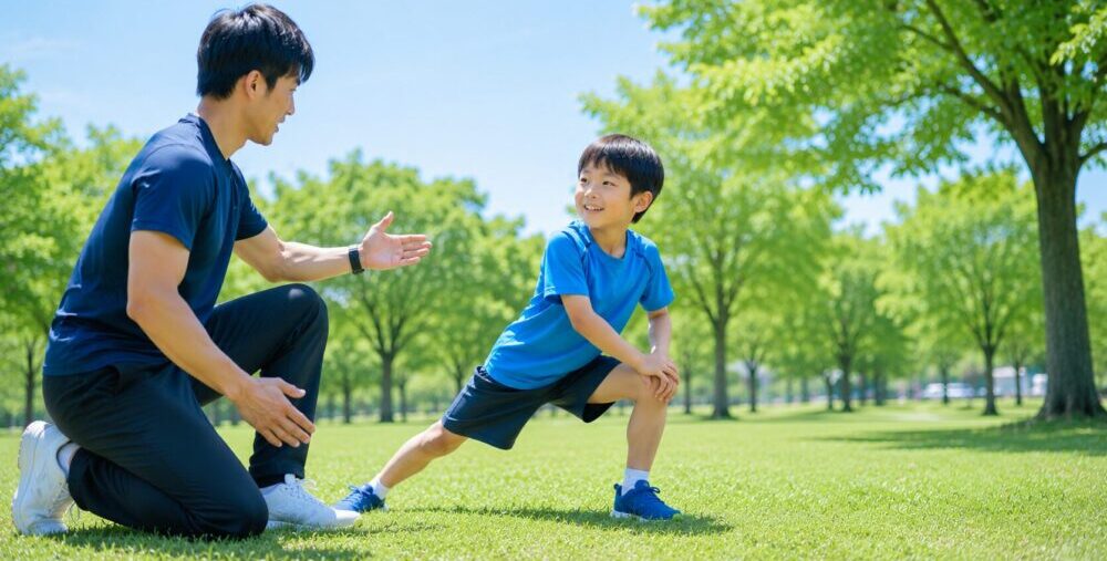 子供が講師から運動を習っている
