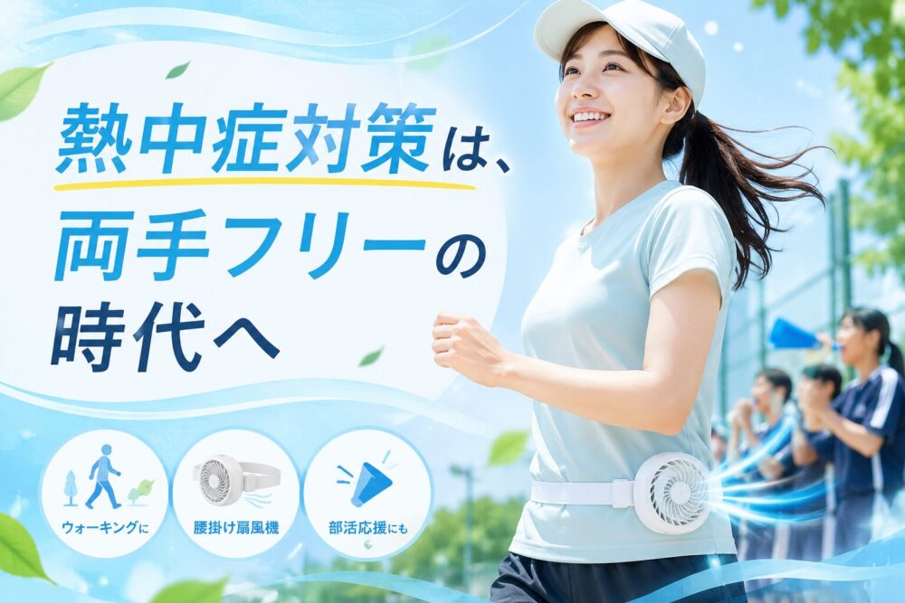 腰掛け扇風機を使って快適にウオーキングしてる女性