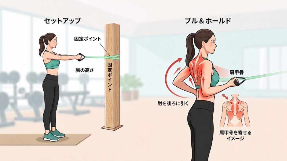 女性がバンドロウでトレーニングをやっている