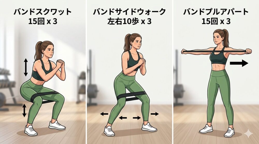 女性がバンドを使ってトレーニングをやっっている