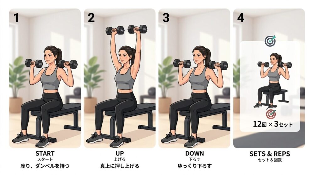 女性がダンベルショルダープレスをやっている