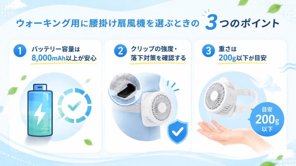 ウォーキング用に腰掛け扇風機を選ぶときの3つのポイント